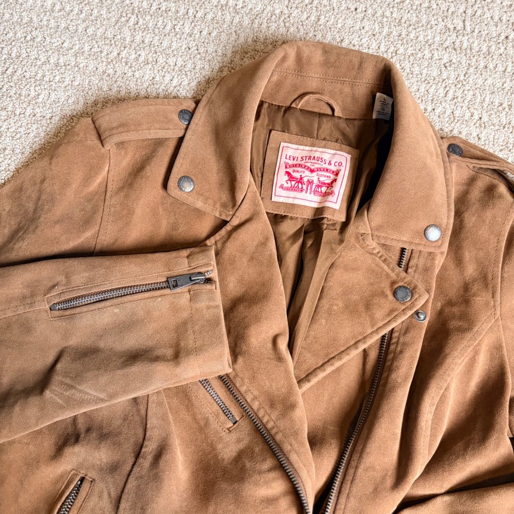 Levis Womens Tan Faux Suede Moto Biker Jacket Brown Size L